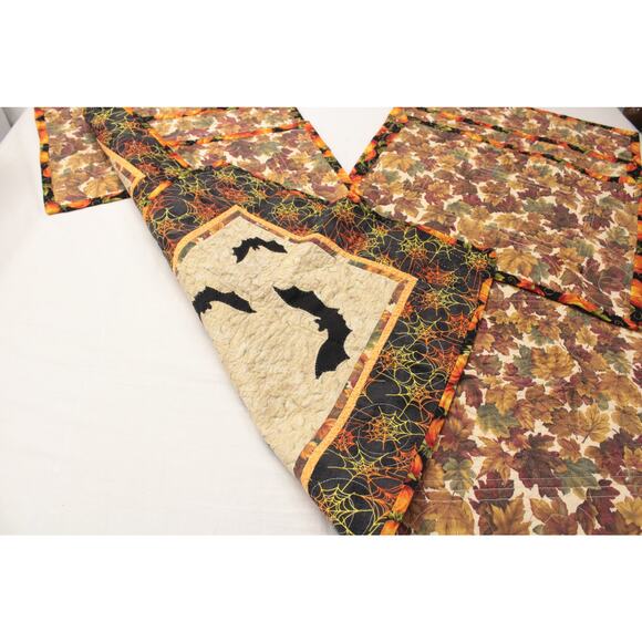 Double Sided Placemats & Runner Halloween Bats webs Fall Autumn leaves 7 pieces - Picture 3 of 14